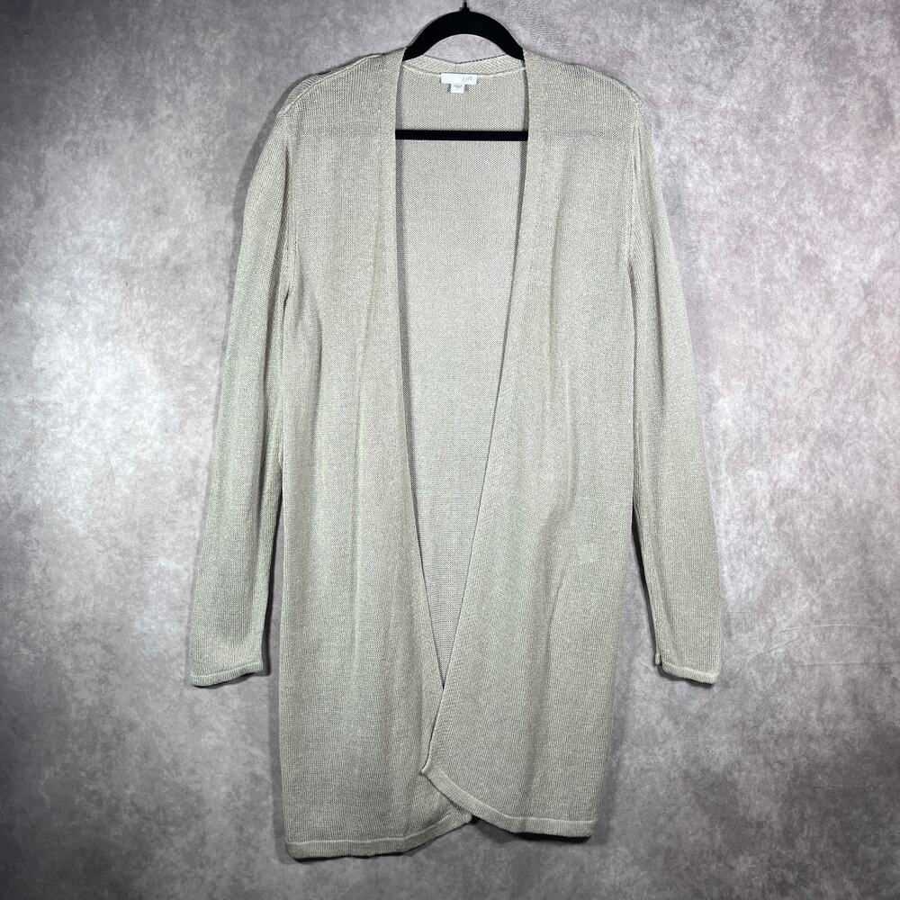 J. Jill Cardigan Sweater Women Large Beige Linen Blend Knit Open Front Cabincore